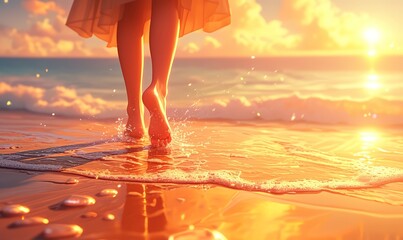 A closeup of the woman's feet walking on sand, with waves crashing in front and sunset lighting up her skin. 