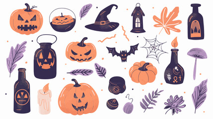 Hand drawn abstract Halloween items, gifts, ornaments, celebration flat icons set. Color isolated illustrations. Colourful. 
