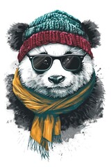A whimsical panda dons a beanie and scarf