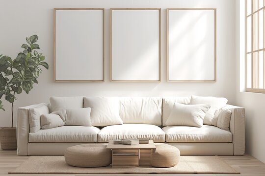 3 large thick white wood picture frames hanging on the wall in front of the sofa, neutral colors and tones