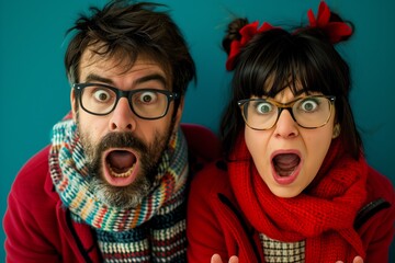 Surprised couple in vibrant winter clothing