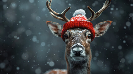Cheerful and funny Christmas reindeer in red cap, generative Ai - obrazy, fototapety, plakaty