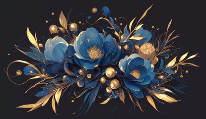 floral bouquet, blue and gold flowers with leaves and golden berries on dark background - obrazy, fototapety, plakaty