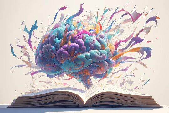 colorful brain made of paint, coming out from an open book on a white background