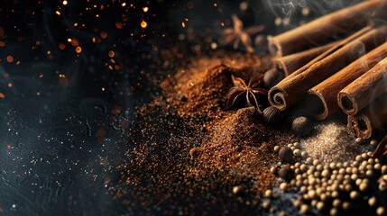 Spices on a dark background containing cinnamon, anise, coriander seeds and Pepper.