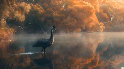An emu strolling leisurely along a tranquil lakeshore, with reflections of the serene scenery in...
