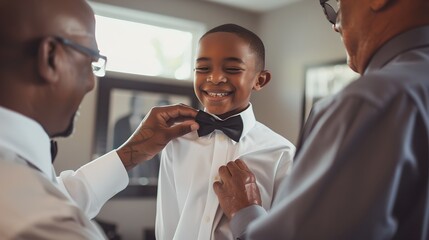 Cherished Moments: A Young Boy Smiles as Elders Adjust His Bow Tie. A Heartwarming, Family-Centric Scene. Perfect for Celebrations. AI