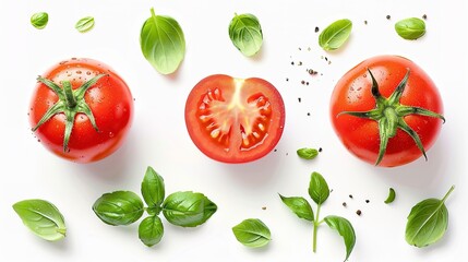 Tomato isolated. Tomato whole, half, on white background. Tomatoes with green basil leaves. Clipping path. Full depth of field.