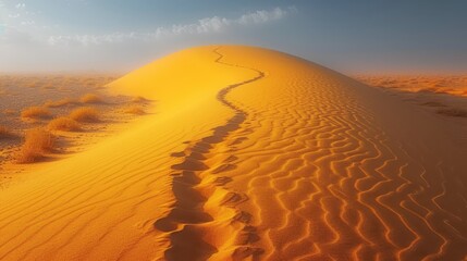   A sand dune, situated in a desert, features a trail ascending its side in the background - obrazy, fototapety, plakaty
