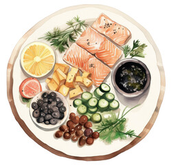 Salmon and fruit platter watercolor illustration