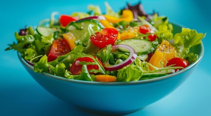   A blue bowl brimming with lettuce, tomatoes, cucumbers, onion, and various veggies