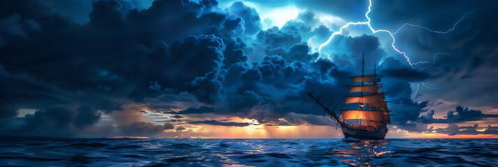 storm over the sea with ship