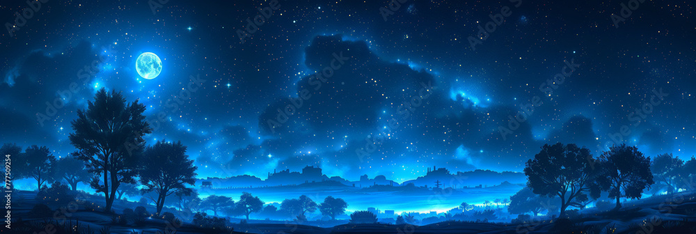 Wall mural a clear night sky with stars and the silhouette of trees,beautiful night forest, a dark blue sky wit