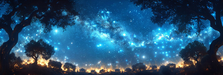 A clear night sky with stars and the silhouette of trees,beautiful night forest, A dark blue sky with stars above the silhouette of trees at night ,banner