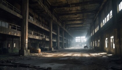 Light streams through large windows in an abandoned industrial hall, highlighting the desolation and the passage of time. AI Generation