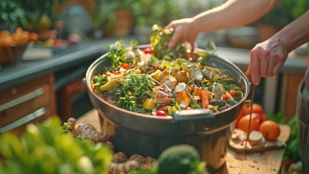 Composting involves throwing food scraps into the compost bin, such as vegetables, fruits, and eggshells, to separate and make bio-fertilizer in the kitchen or garden at home.	