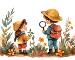 Young Explorers Examining the Wonders of a Lush Backyard Landscape with Magnifying Glass