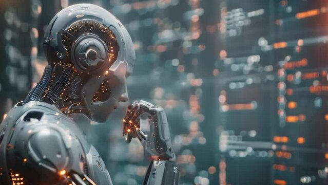 Android robot head, AI chatbot background, future technology digital future automation knowledge concept computer programming automation