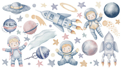 Space watercolor set. Illustrations with cosmos, planets, cosmonauts and spaceship for Baby shower greeting cards or childish birthday invitations in pastel blue and pink colors. Cute design for kids.