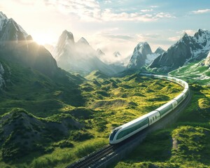 illustration of a green energy train winding through mountains, sustainable travel meets nature, clean backdrop - obrazy, fototapety, plakaty