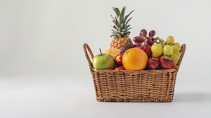 assorted fresh fruits in a square basket isolated on white background, with copy space.