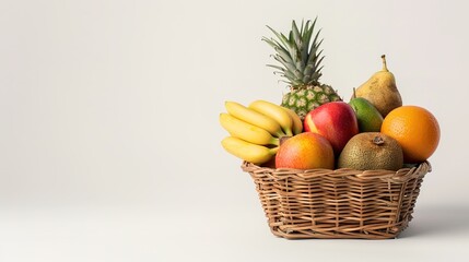 assorted fresh fruits in a square basket isolated on white background, with copy space.