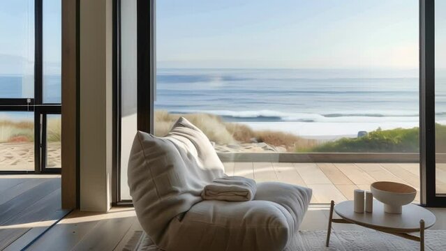 A cozy reading nook in this minimalist beach house offers the perfect spot to relax and admire the expansive ocean views. . .