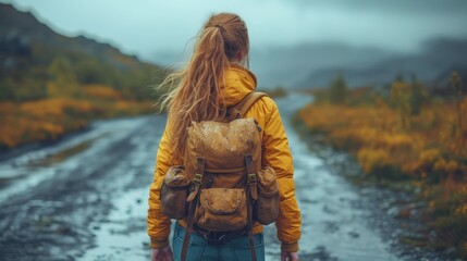   A woman hikes along a dirt path in a vast field, surrounded by tall grass and golden flowers