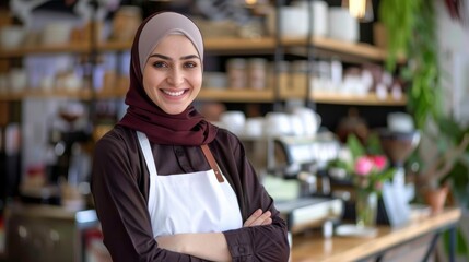 A female Turkish barista entrepreneur wearing hijab and a white apron standing in front of her cafe