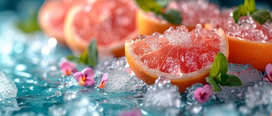   A collection of grapefruits arranged together atop an ice- and water-covered table