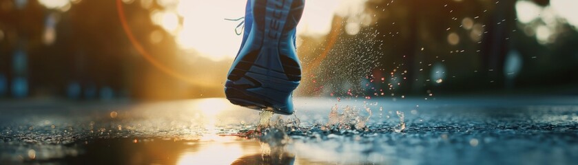 closeup of a runners sneakers hitting the pavement, symbolizing endurance, clear background for focus - obrazy, fototapety, plakaty