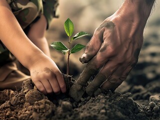 closeup of a veterans hands planting a tree with a child, symbolizing growth and new beginnings, clear background - obrazy, fototapety, plakaty