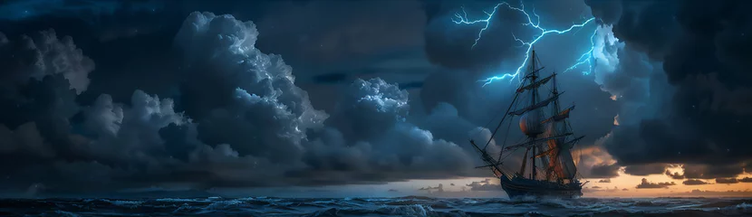 Tafelkleed sailing ship in the middle of the sea when it is cloudy and lightning © Syukra