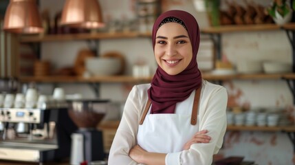 A female Turkish barista entrepreneur wearing hijab and a white apron standing in front of her cafe