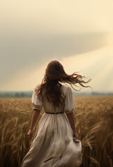 Historical representation of a pretty young pioneer mennonite woman with long brown hair and white dress. Back view. Vibrant cinematic field background. Old west, wild west. Hair blowing in wind - obrazy, fototapety, plakaty