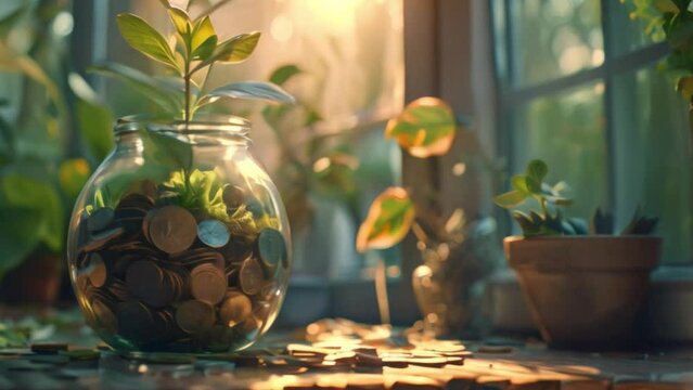 Coins in a jar with growing concept with coins and plants as investment symbols. Money TreeBusinessFinance	