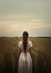 Historical representation of a pretty young pioneer mennonite woman with long light brown hair and white dress. Back view. Vibrant cinematic field background. Old west, wild west. Moody sky