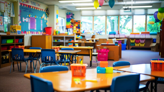 Welcoming elementary classroom with colorful desks and educational supplies