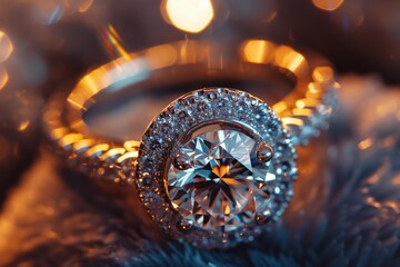 Closeup, sparkling diamond ring on velvet, symbol of luxury and sophistication - obrazy, fototapety, plakaty