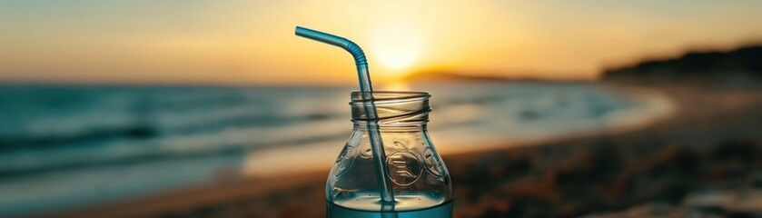 Close-up, glass water bottle and stainless steel straw, rejecting single-use plastic, - obrazy, fototapety, plakaty