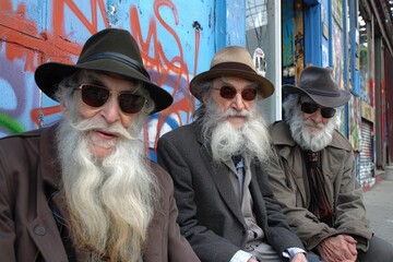 Obraz na płótnie Canvas Three men with long beards and hats sitting on a bench