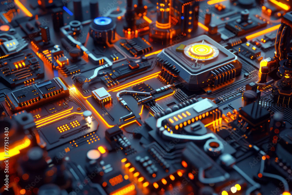 Poster illuminated futuristic circuit board with glowing elements and cpu concept