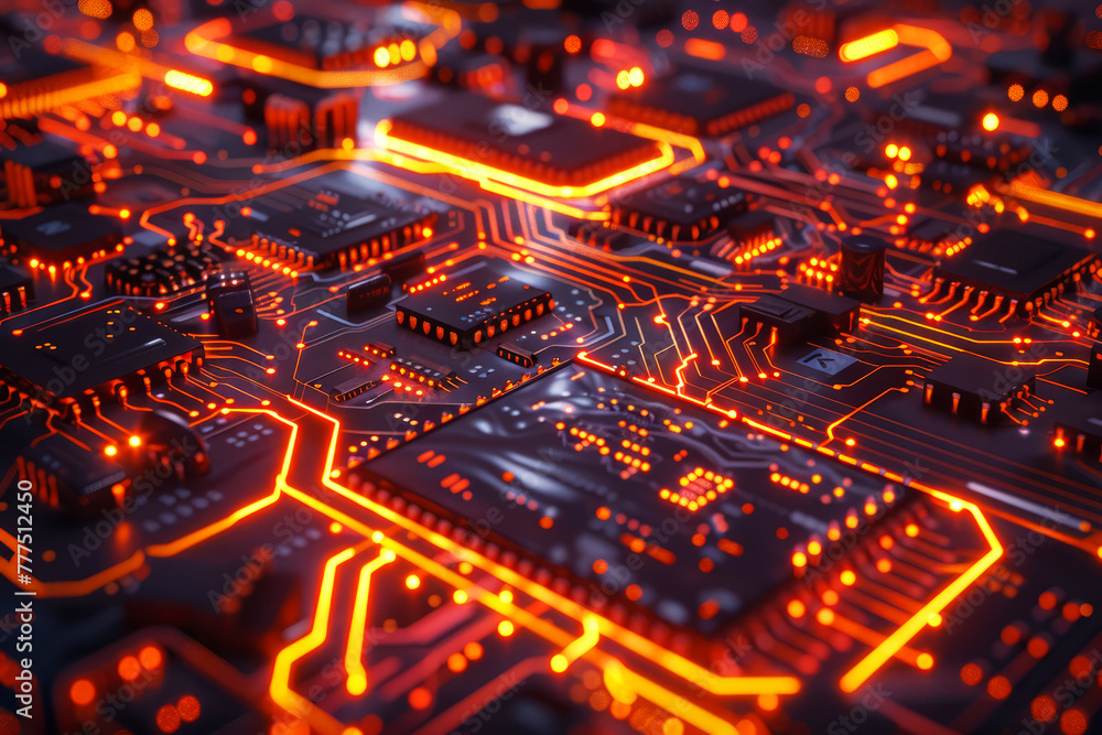 Poster illuminated futuristic circuit board with glowing elements and cpu concept