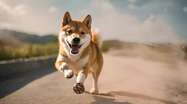 Shiba dog running on the beach