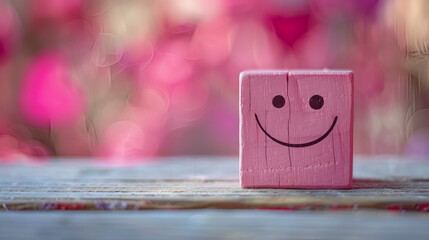 smile face on pink wood cube,  satisfaction and emotion concept, ranking, customer review, Generative Ai - obrazy, fototapety, plakaty