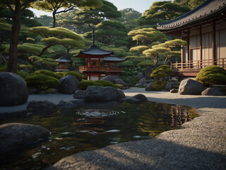 An ultra detailed, realistic, digital art, featuring Zen Gardens and Temples: Explore the peaceful serenity of Japan's Zen gardens and ancient temples, highlighting meticulously arranged rocks, raked 