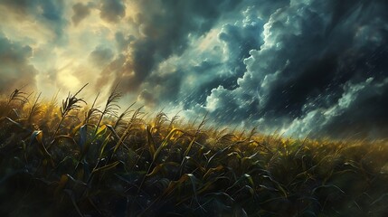 a visually striking scene featuring a corn field set against a turbulent, stormy sky, focusing on the dynamic interaction between the crops and the atmospheric conditions attractive look - obrazy, fototapety, plakaty