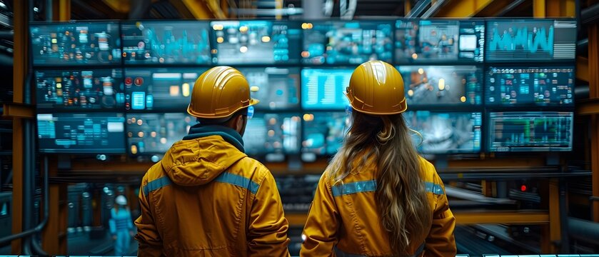 Monitoring Operations for Efficiency: Engineers in Mining Site Control Room. Concept Monitoring Efficiency, Engineering Operations, Mining Control Room, Operational Monitoring, Engineers in Action