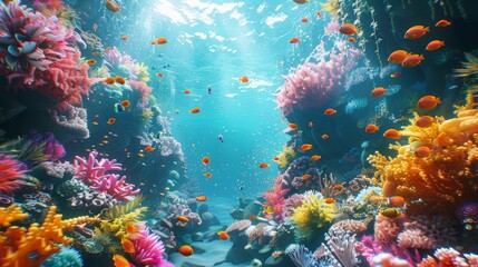 Fototapeta na wymiar A colorful coral reef with many fish swimming through it. The fish are orange and yellow, and the water is clear and blue. The scene is peaceful and serene