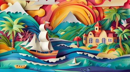 Vibrant Paper Craft Ocean Landscape with Sailing Ships